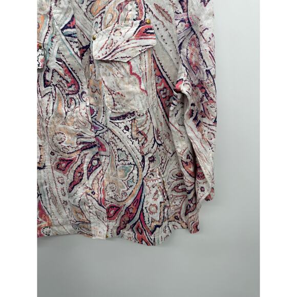 Chico's Jacket Women Large Full Zip Pink Paisley Linen Boxy Pocket Artsy Unique - Picture 3 of 9